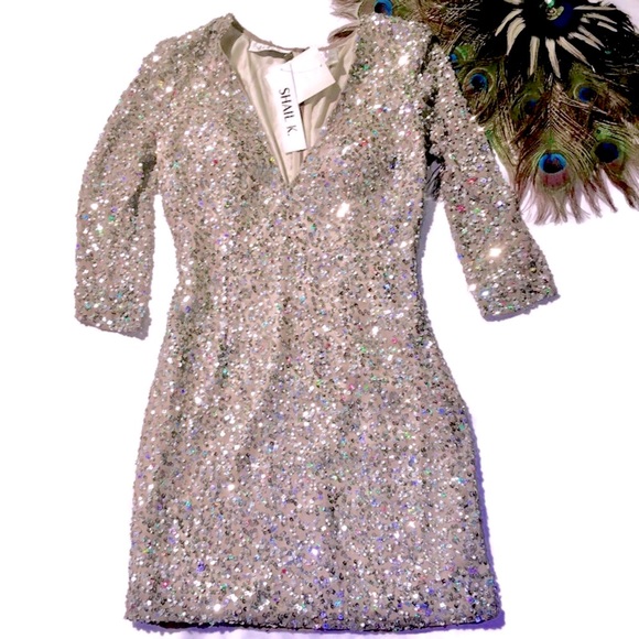 SOLD Shail K nude silver sequin bodycon sheath formal prom mini cocktail dress 4 - Picture 2 of 6
